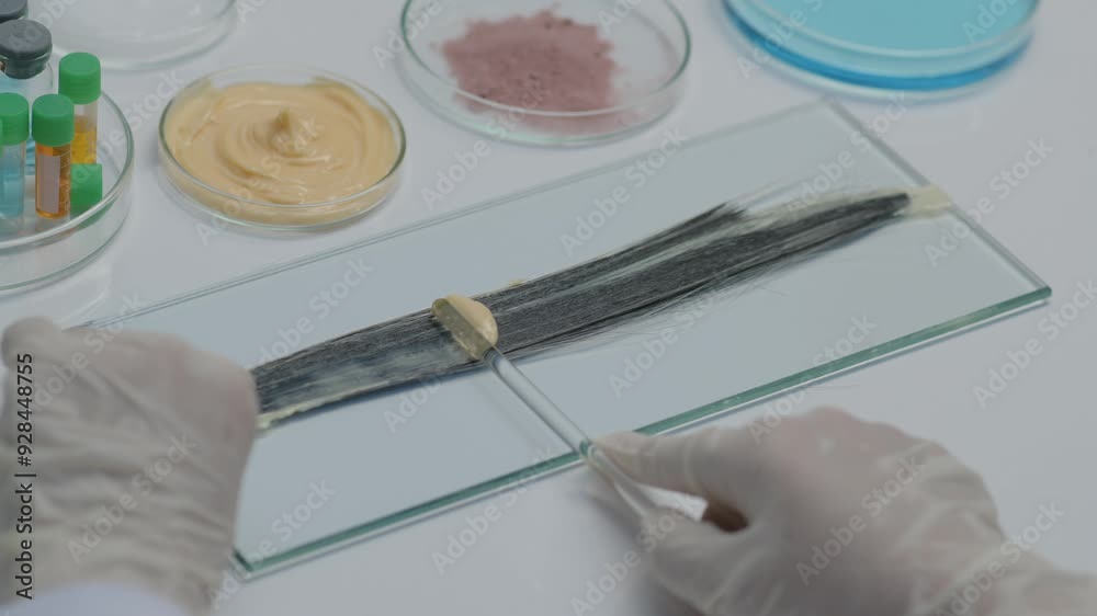 A scientist dyes a wig on a glass plate, surrounded by solutions and dye samples in petri dishes. Basic setting for advertising hair dye or hair care. A scientist dyes a wig on a glass plate, surrounded by solutions and dye samples in petri dishes. Basic setting for advertising hair dye or hair care.