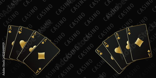 Ace of Spades, Diamonds, Clubs, Hearts. Black casino table background. A hand fan of playing cards. Vector illustration Casino of all the aces.