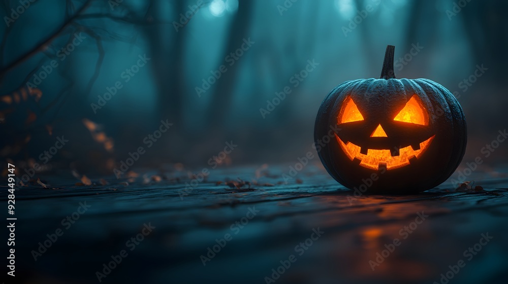 Naklejka premium A Spooky Glow: An Enchanting Jack-o'-Lantern Illuminates a Foggy Forest Night This Halloween Season