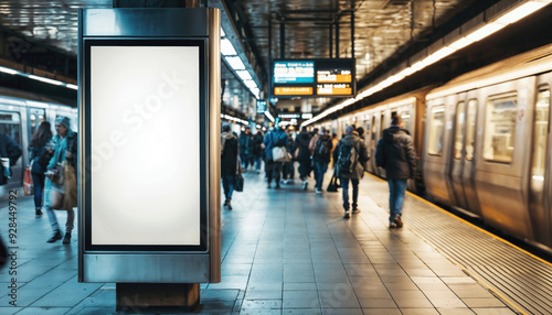 Blank vertical billboard standing on a subway platform with people walking