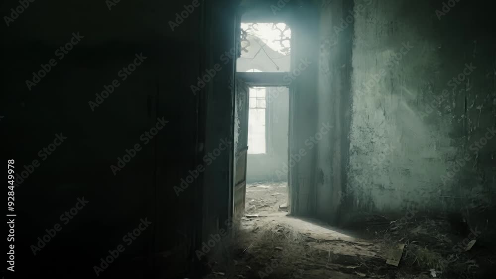 Walking down a spooky, eerie corridor in an abandoned building, light shines through an open doorway, casting shadows and mystery Walking down a spooky, eerie corridor in an abandoned building, light shines through an open doorway, casting shadows and mystery