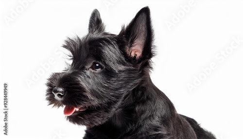 笑顔のスコティッシュ・テリアの子犬のポートレート（Portrait of a smiling Scottish Terrier puppy on white background）
 photo