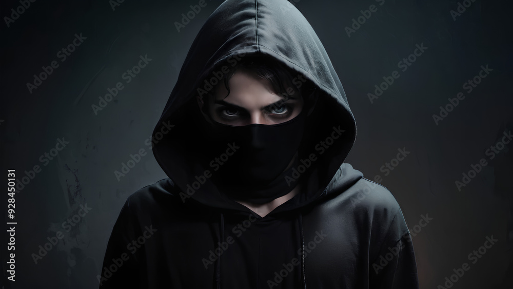 Enigmatic hooded individual Thief Gloomy background Enigmatic hooded individual Thief Gloomy background