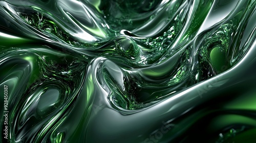 Liquid green abstract with swirling textures and reflections in a dynamic flow