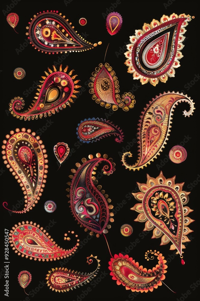 A collection of colorful paisley patterns against a dark backdrop, ideal for design and art projects A collection of colorful paisley patterns against a dark backdrop, ideal for design and art projects