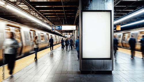 Blank billboard in subway station with train arriving and people walking