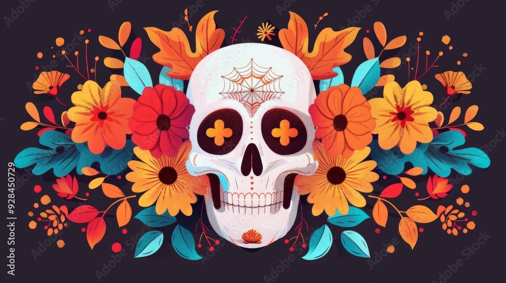 Halloween themed skull surrounded by vibrant flowers and leaves in a colorful display Halloween themed skull surrounded by vibrant flowers and leaves in a colorful display