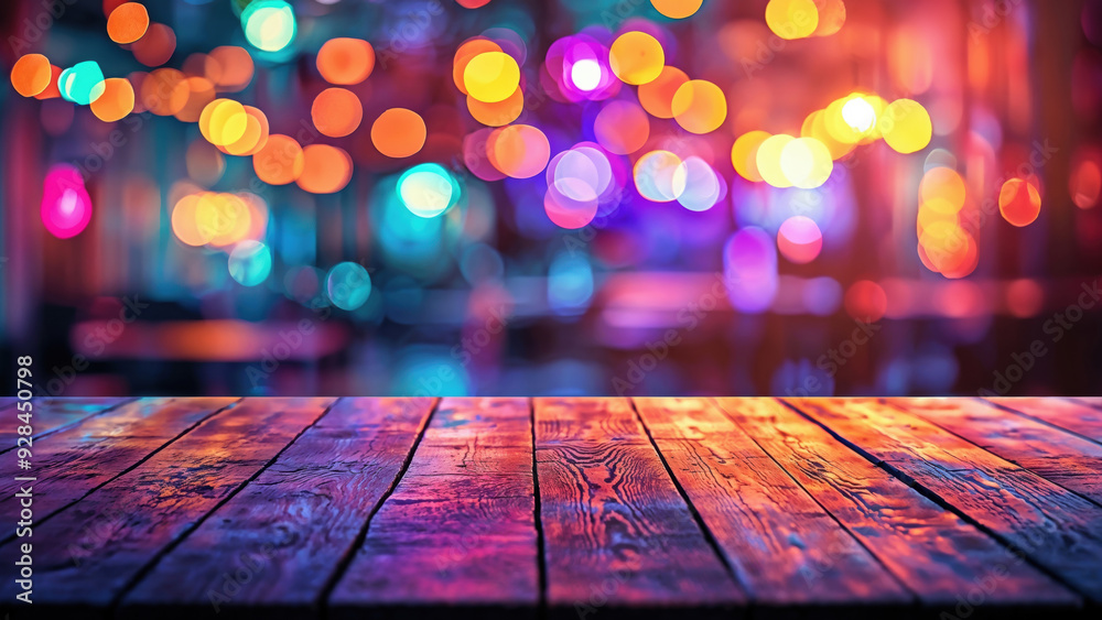 Empty wooden tabletop with colorful bokeh lights background Empty wooden tabletop with colorful bokeh lights background