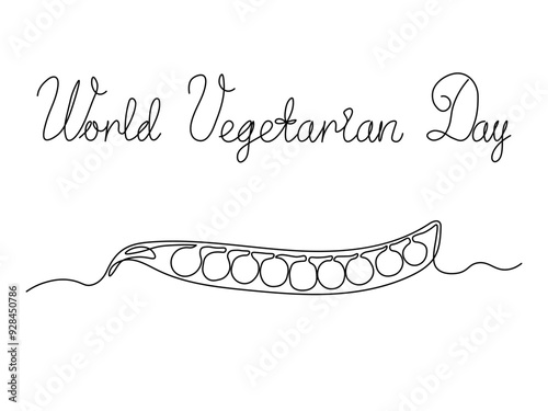 World Vegetarian Day.Abstract pod of green peas. continuous one line art hand drawing sketch, logo