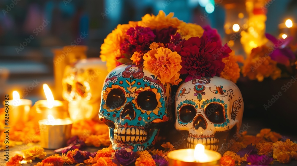 Day of the Dead Skull with Flowers and Candles Close-Up Day of the Dead Skull with Flowers and Candles Close-Up