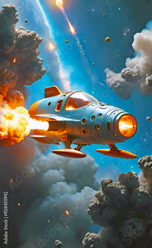 Retro style spaceship with side thruster firing and plumes of smoke in the sky