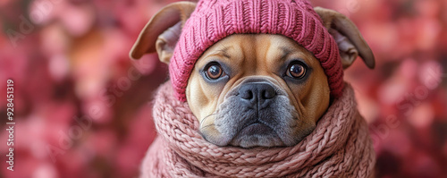A French bulldog wearing a pink knitted hat and scarf, gazing attentively at the camera with a blurred pink background.