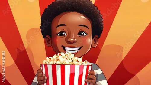 portrait cartoon smiling African American child borl eating popcorn from big cinema red striped box over red background, banner excited movie photo