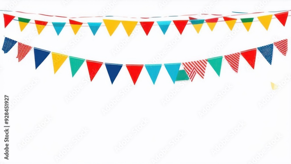 Festive flag garland vector illustration. Retro bunting in simple flat style, isolated on white background. Carnival, birthday, circus border decoration Festive flag garland vector illustration. Retro bunting in simple flat style, isolated on white background. Carnival, birthday, circus border decoration