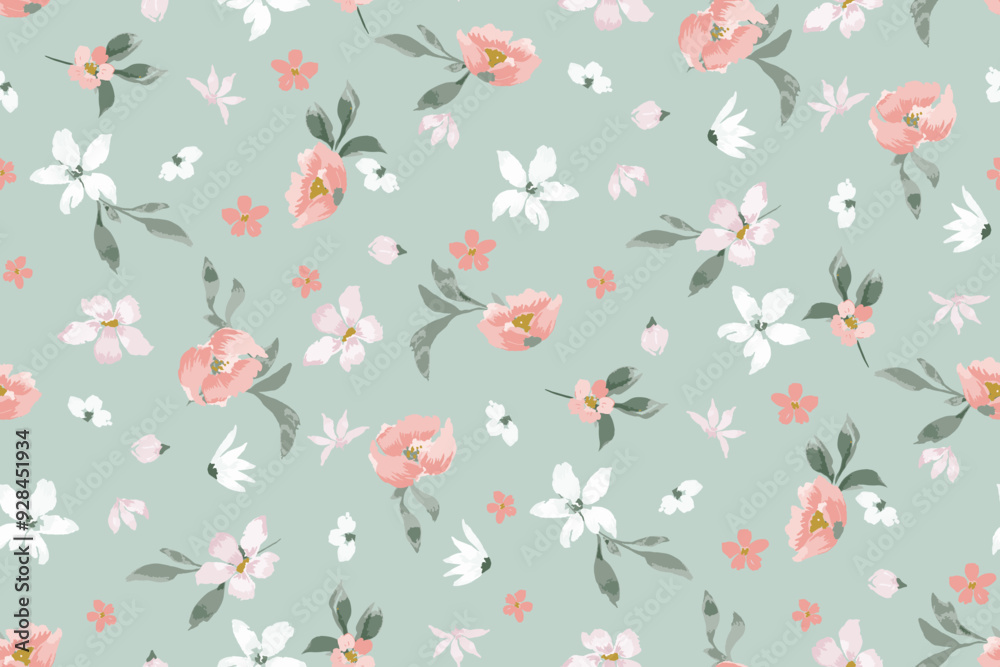 Cute feminine seamless watercolor pattern with little tiny wildflowers, hand drawn, not AI