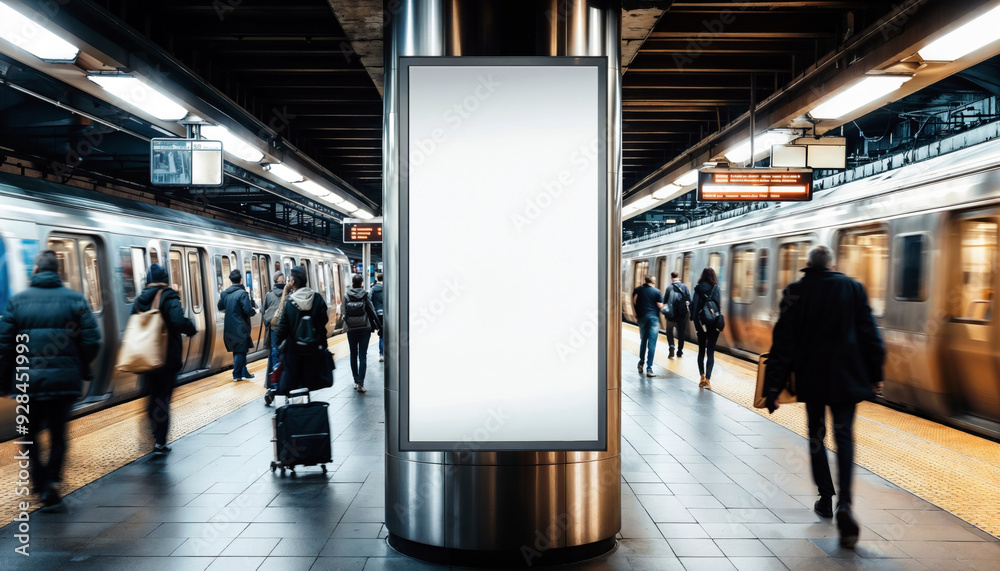 Blank vertical billboard mockup on subway station platform with passengers walking Blank vertical billboard mockup on subway station platform with passengers walking