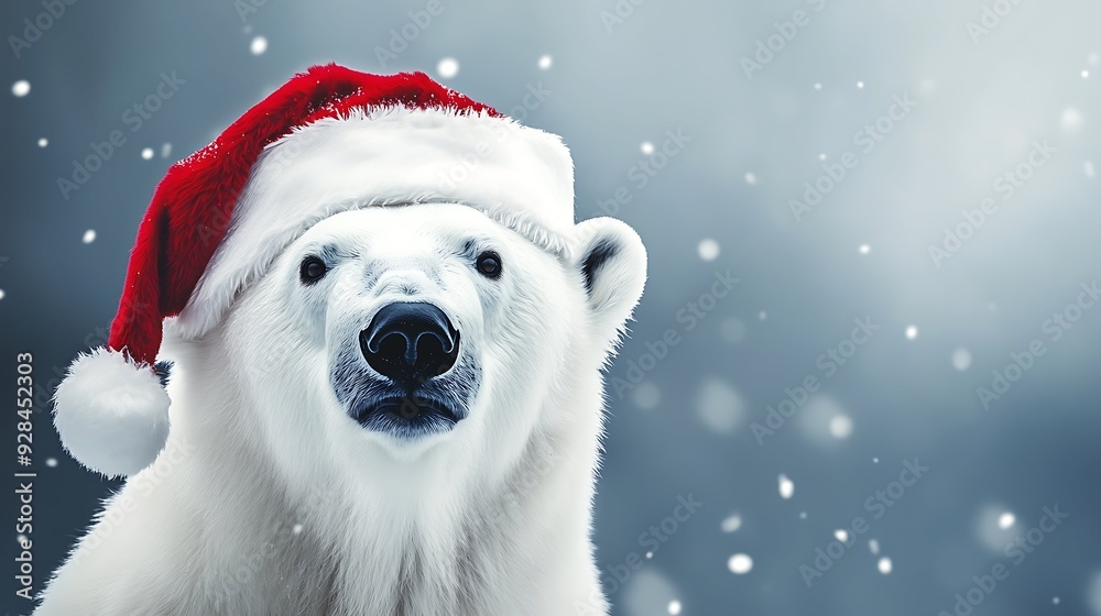 White polar bear in red Santa hat. Isolated on white snow blurred background White polar bear in red Santa hat. Isolated on white snow blurred background