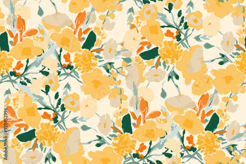 Abstract floral seamless pattern. Bright colors, gouache painting.hand drawn, not AI