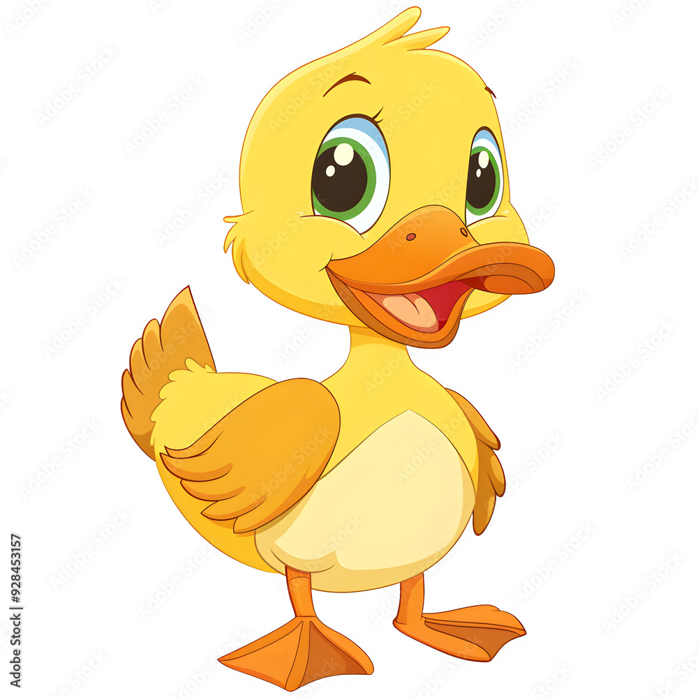 Cute cartoon duckling with large expressive eyes and a happy smile, standing on a transparent background, perfect for various design projects
