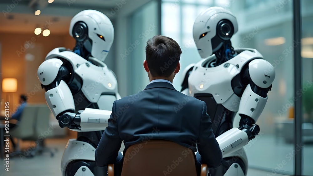 Two robots working with a businessman use modern technology teamwork and collaboration Two robots working with a businessman use modern technology teamwork and collaboration