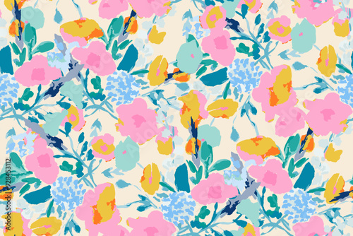 Abstract floral seamless pattern. Bright colors, gouache painting.hand drawn, not AI