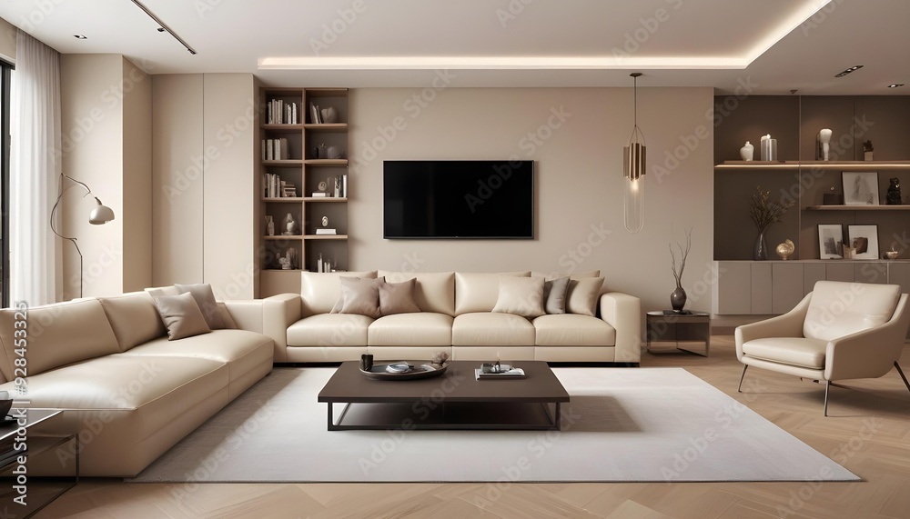 3d rendering of a luxury and modern living room showcasing a beige leather sofa, 3d rendering of a luxury and modern living room showcasing a beige leather sofa,