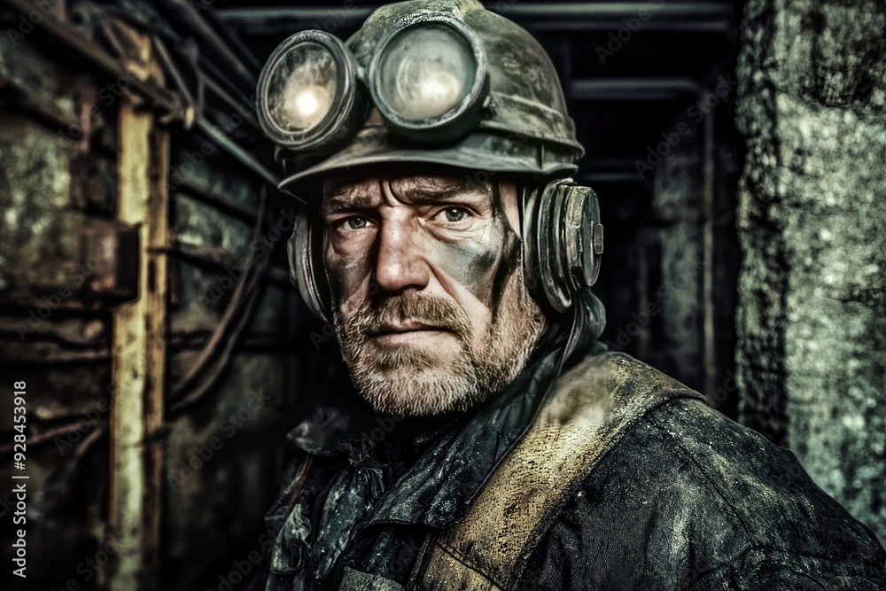 A rugged miner with a determined expression, equipped with a helmet and goggles, standing amidst dark, industrial surroundings. A rugged miner with a determined expression, equipped with a helmet and goggles, standing amidst dark, industrial surroundings.