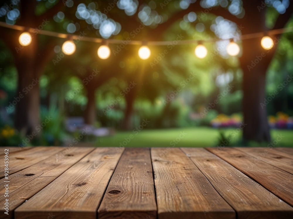 Empty wooden table with party in garden background blurred. Empty wooden table with party in garden background blurred.
