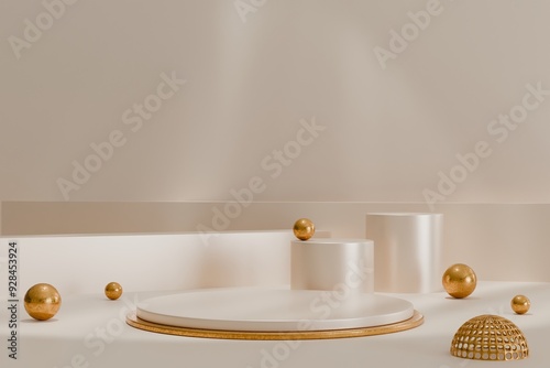 3D style podium of shiny gold coating for luxury beauty, cosmetic product display background. 3d illustration