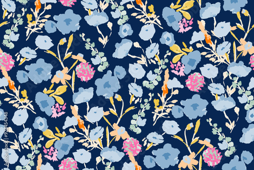 Abstract floral seamless pattern. Bright colors, gouache painting.hand drawn, not AI