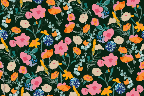 Abstract floral seamless pattern. Bright colors, gouache painting.hand drawn, not AI