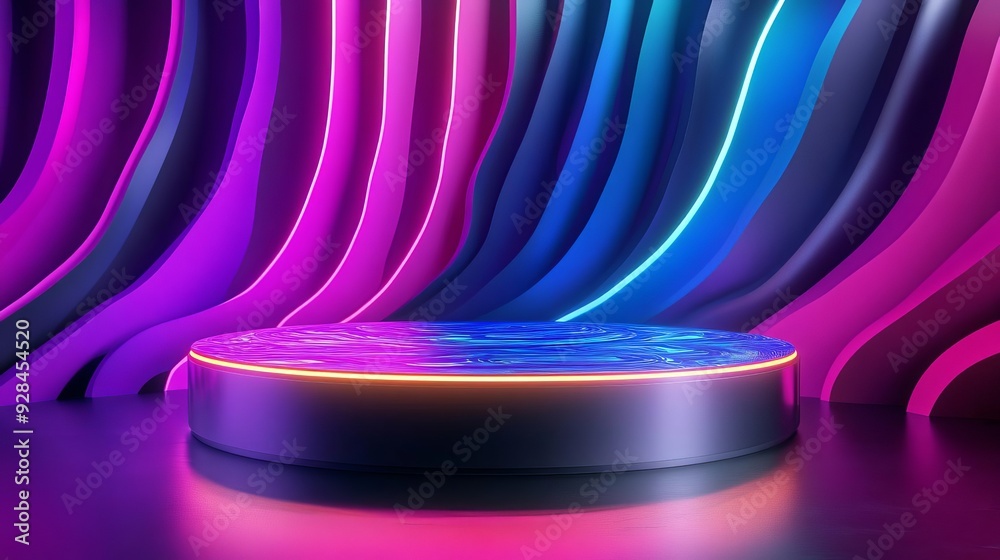 Futuristic podium, holographic surfaces, neon glow, 3D illustration, sleek metallic silver Futuristic podium, holographic surfaces, neon glow, 3D illustration, sleek metallic silver