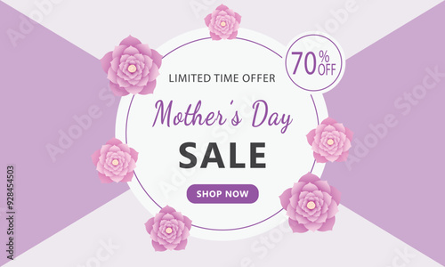 Happy Mother's Day sale banner template with Flowers. Minimal pink background suitable for Mother's Day and Valentine's Day. Happy Mothers day poster or voucher. Vector illustration.