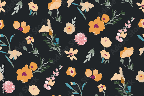 Abstract floral seamless pattern. Bright colors, gouache painting.hand drawn, not AI