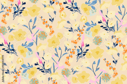 Abstract floral seamless pattern. Bright colors, gouache painting.hand drawn, not AI