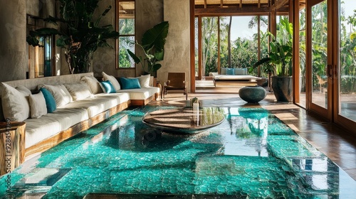 Modern home interior featuring crossfire recycled glass flooring and vibrant greenery in a serene living space photo