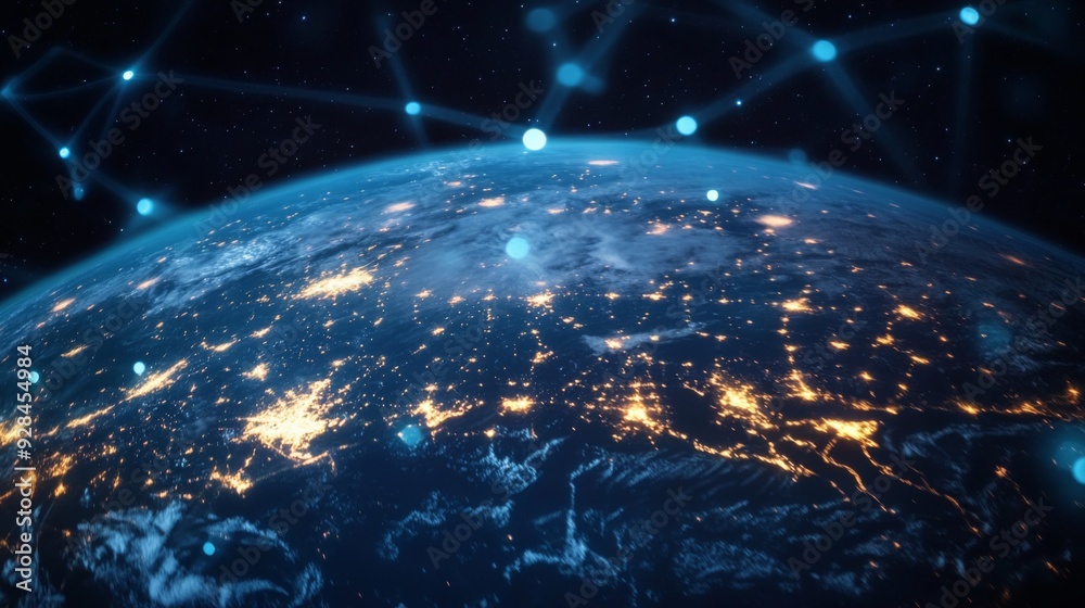 A blue, glowing network connects points in space above a dark, night-time view of Earth. A blue, glowing network connects points in space above a dark, night-time view of Earth.