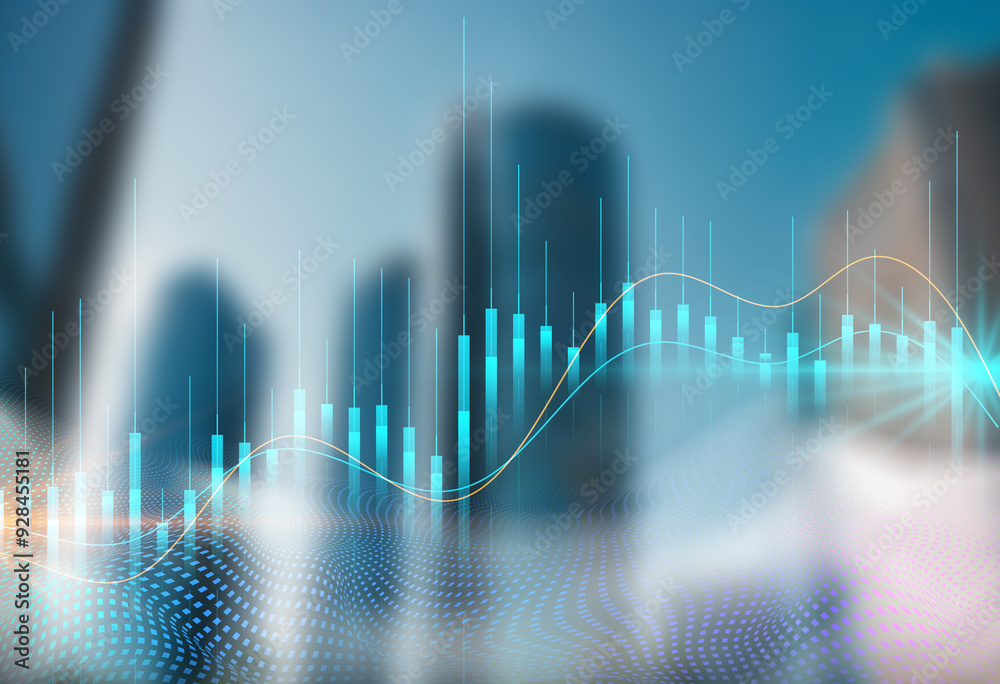 Double exposure of abstract financial graph with world map on office buildings background, forex and investment concept Double exposure of abstract financial graph with world map on office buildings background, forex and investment concept