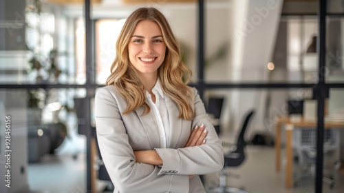 Confident businesswoman with crossed arms smiling in modern office, facing camera, embodying success in professional attire with sleek hairstyle. Free Download Confident businesswoman with crossed arms smiling in modern office, facing camera, embodying success in professional attire with sleek hairstyle. - GFXLoad