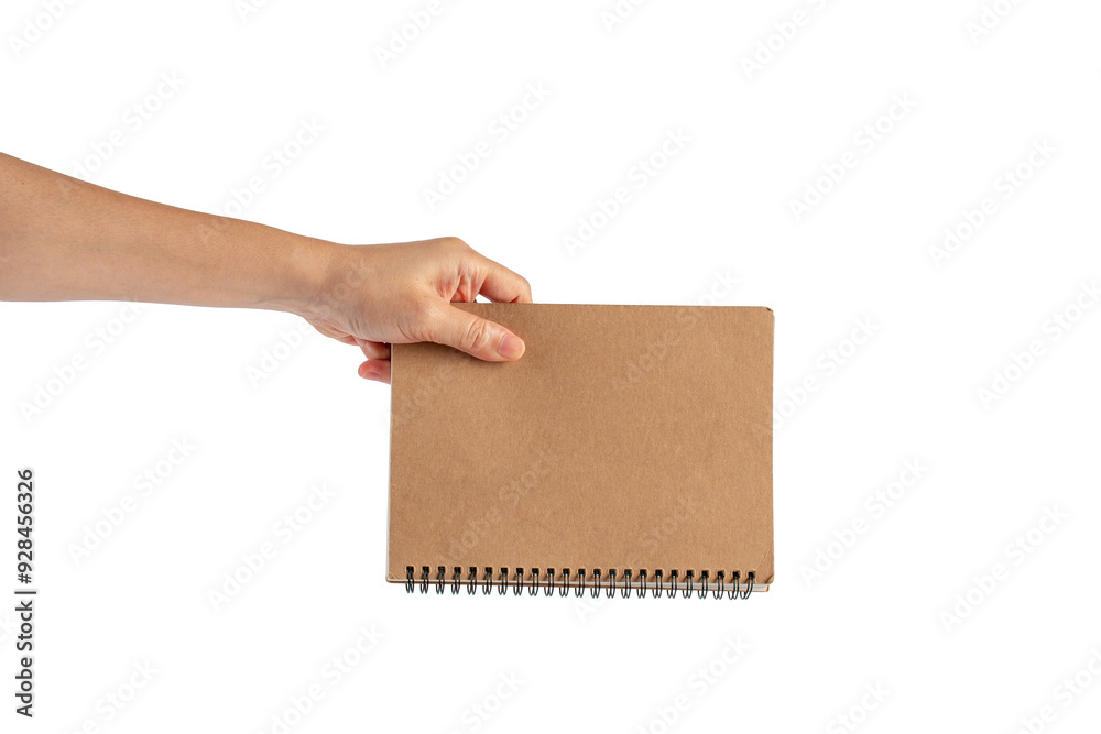 Brown notebook in hand on transparent background