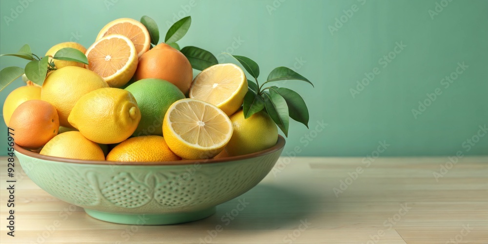 Organic citrus fruits, lemons and oranges in a bowl, 3D illustration. copy space for text, no text, no logo Organic citrus fruits, lemons and oranges in a bowl, 3D illustration. copy space for text, no text, no logo