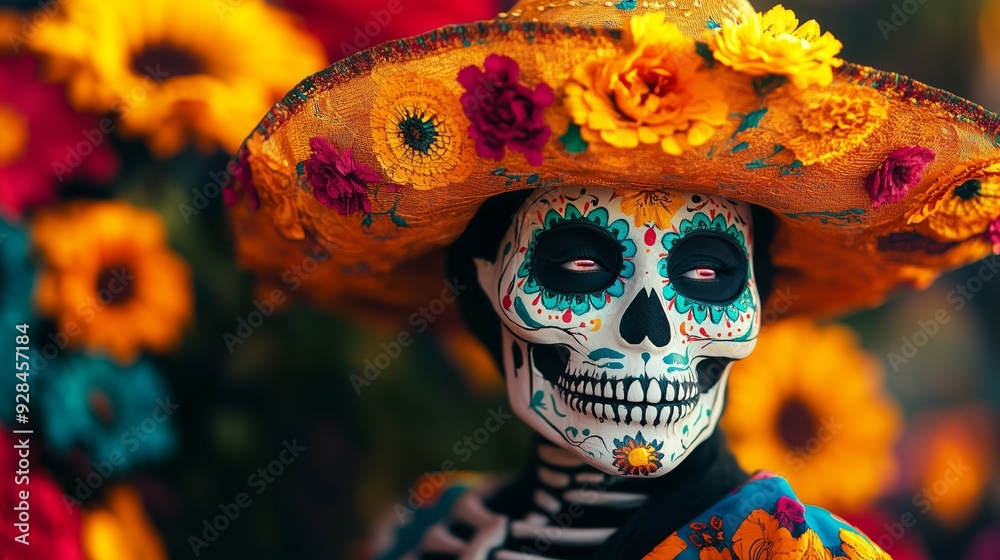 Day of the Dead Woman with Skull Face Paint and Charro Hat Day of the Dead Woman with Skull Face Paint and Charro Hat
