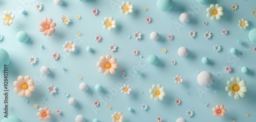 Vibrant floral pattern with colorful flowers and pastel spheres on a light blue background, perfect for spring themes.