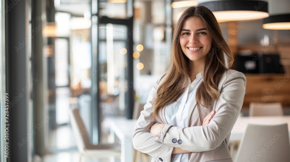 Confident businesswoman with crossed arms smiling in modern office, facing camera, embodying success in professional attire with sleek hairstyle. Confident businesswoman with crossed arms smiling in modern office, facing camera, embodying success in professional attire with sleek hairstyle.
