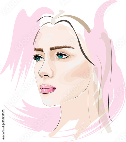 Beautiful girl face with green eyes fashion illustration. Hand drawn vector sketch.