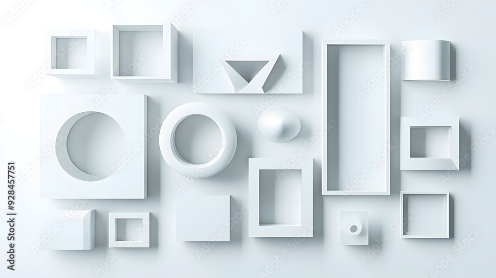 20. Sleek, futuristic 3D shapes arranged in a geometric puzzle, isolated on a pristine white background.