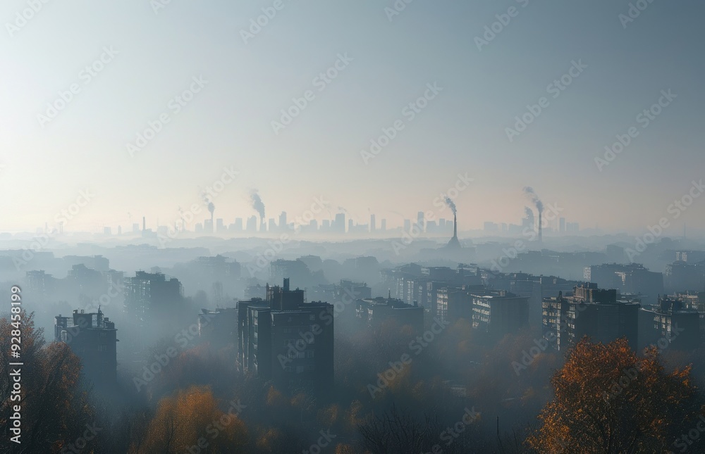 Fototapeta premium Foggy skyline with industrial smokestacks and trees in view