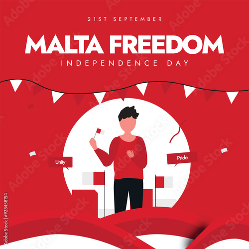 Malta Independence Day. 21st September Independence day of Malta celebration banner, post with its flags, a man holding its flag. The day recalls when Malta gained freedom from the United Kingdom. 