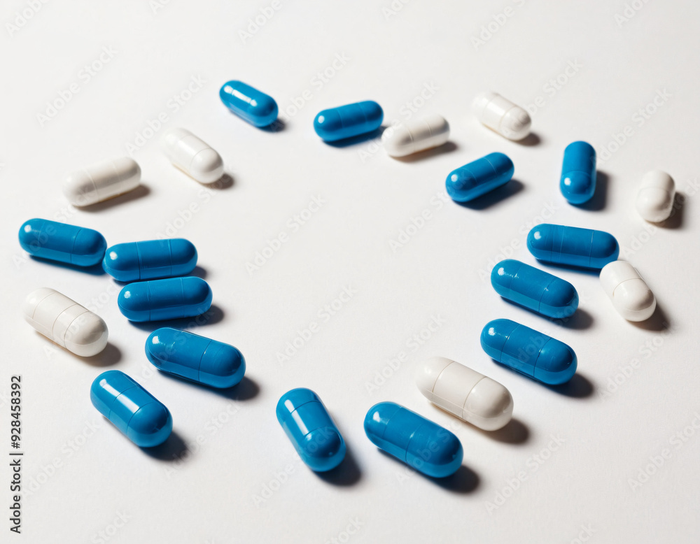 Falling blue white medicine pills capsules on white background. Copy space. Ai generated image. Falling blue white medicine pills capsules on white background. Copy space. Ai generated image.