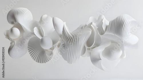 34. Abstract 3D design featuring a series of floating geometric shapes and complex arrangements on a clean white backdrop.